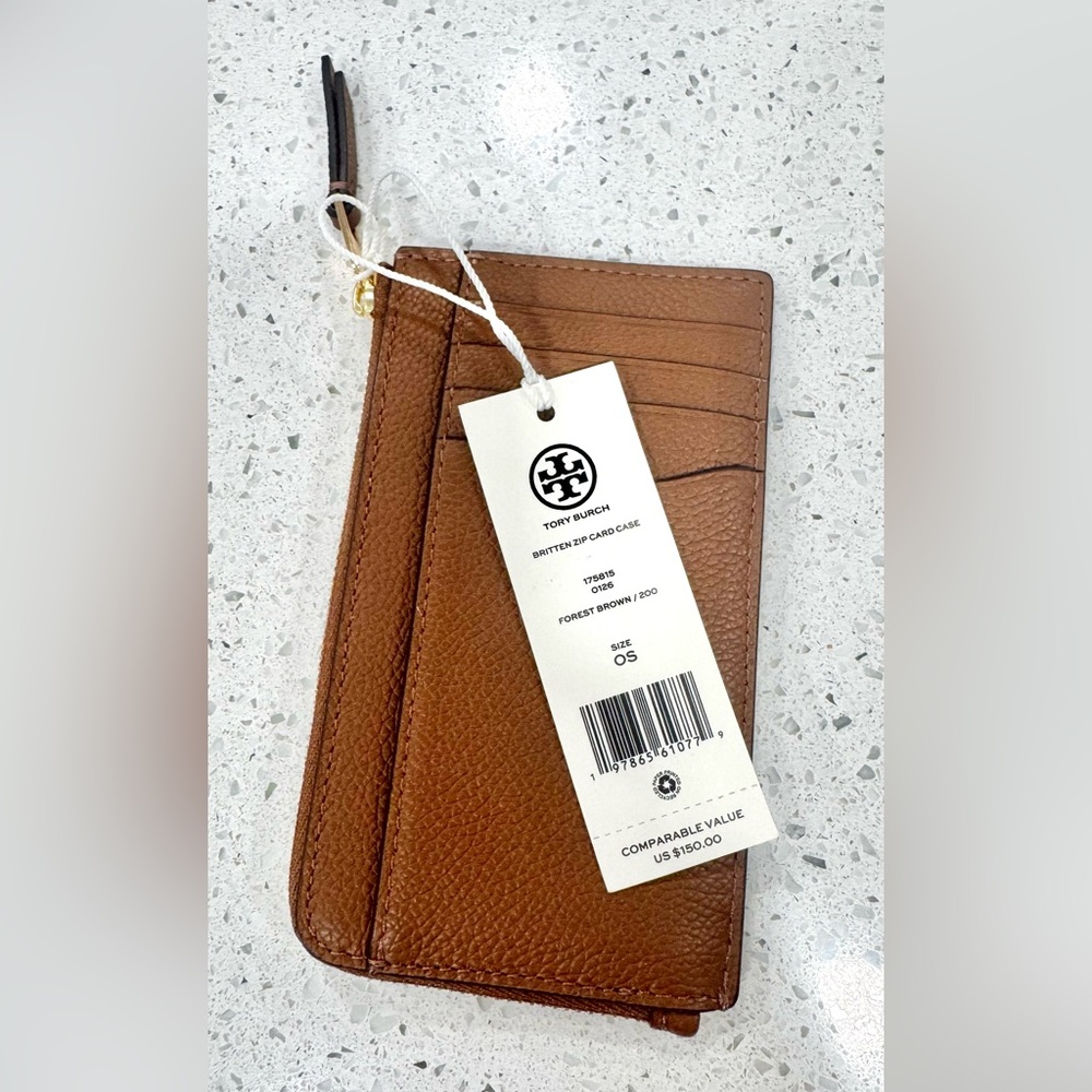 Tory Burch Britten Pebbled Leather Zip Card Case Gold Logo NWT brown tan - Picture 6 of 8